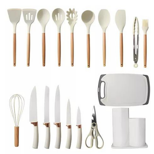 Set Utensilios Cocina Silicona + Set Cuchillos X19 Pcs